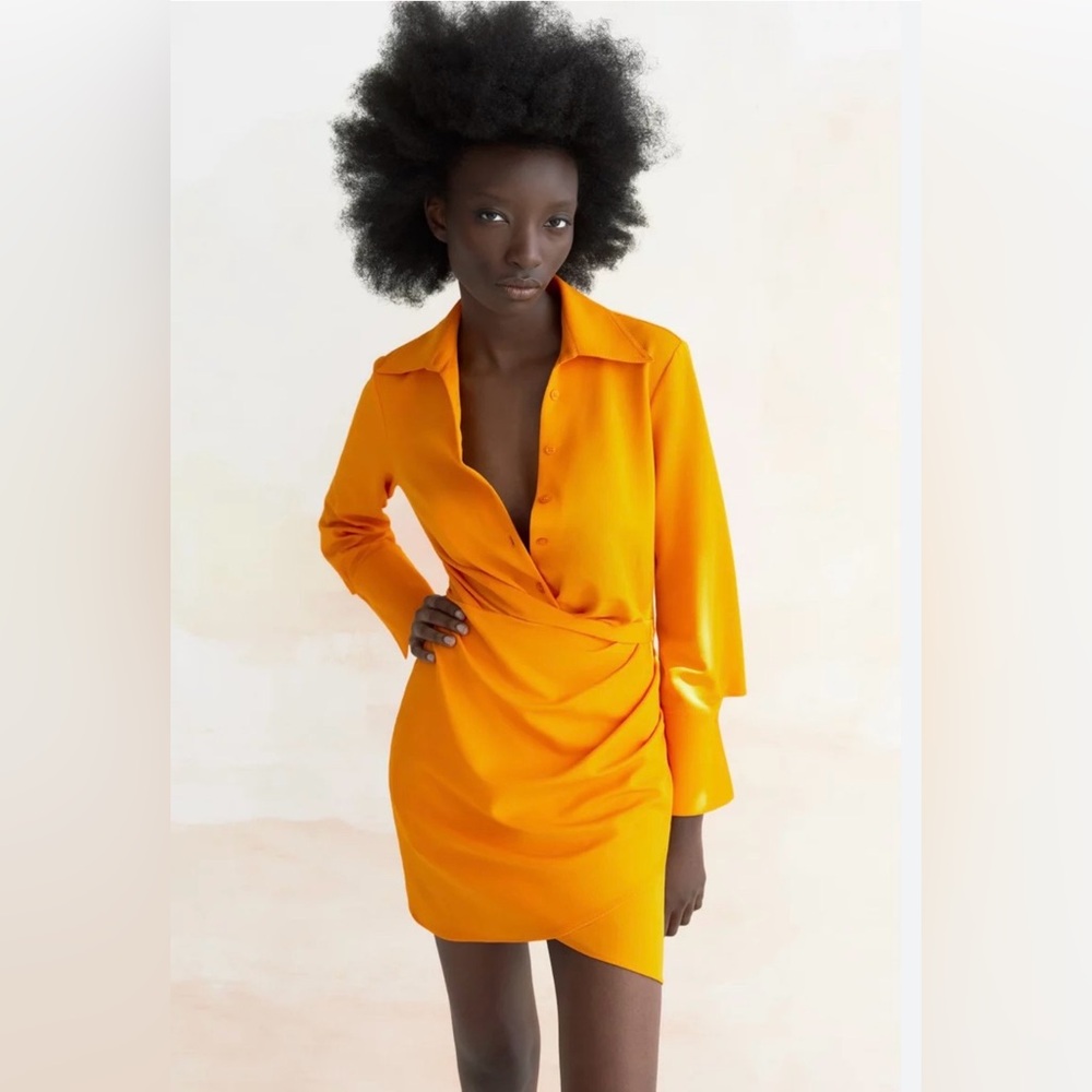 Zara Short Ruching Dress Bright Orange Collar Mini Button Up Size Small NEW